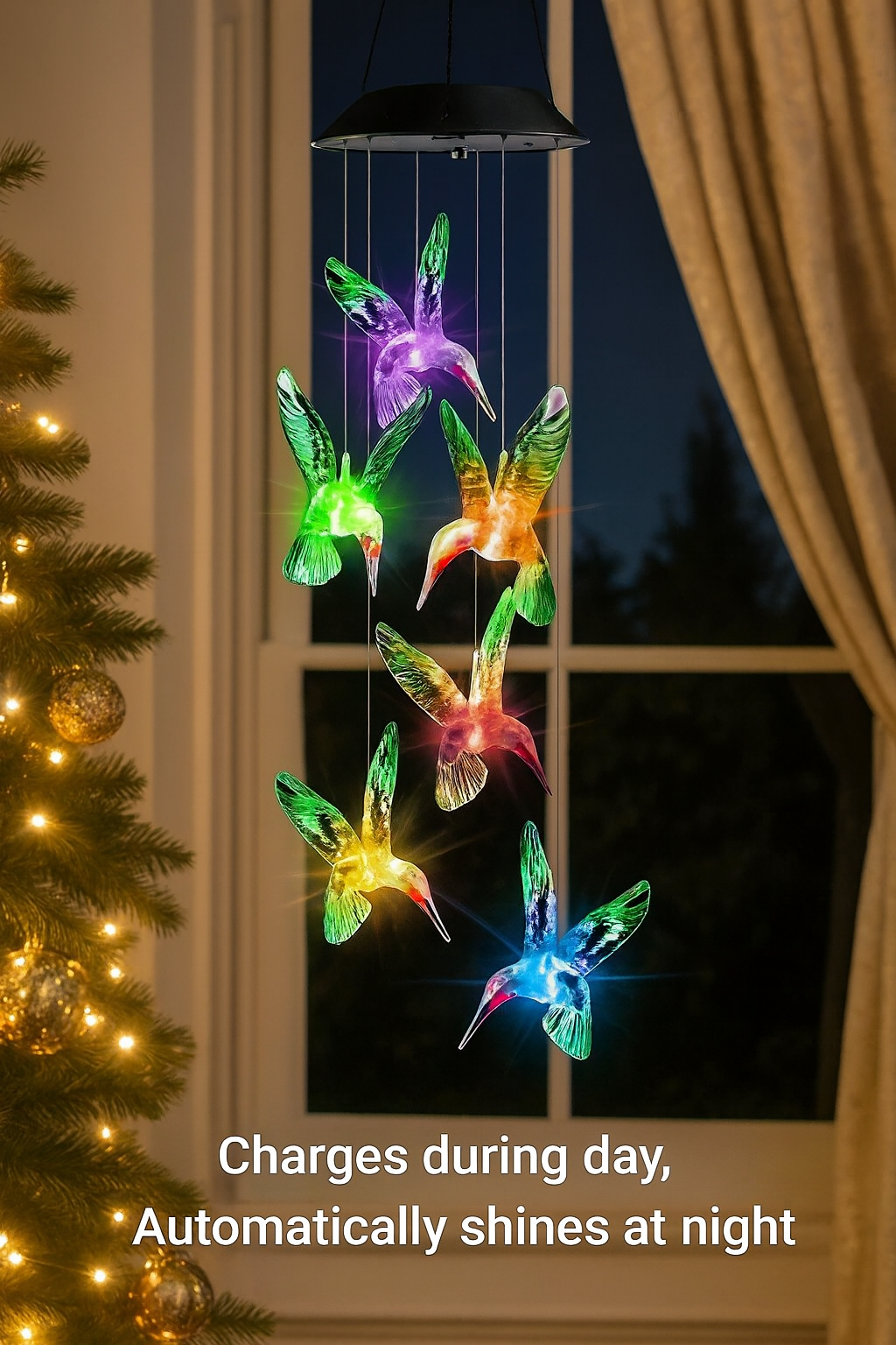 1Pc Solar Light Hummingbird Wind Chimes Outdoor Decor Yard Decor for Christmas Gardening Gift Birthday Gift Halloween Decoration